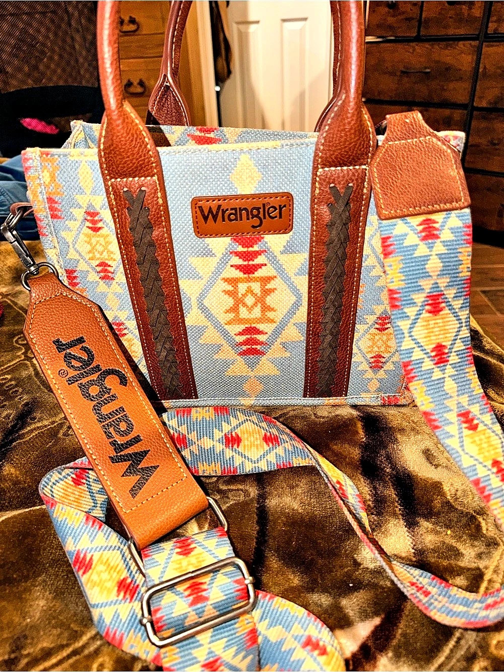 Wrangler Aztec Print Canvas Tote Bag Blue & Brown